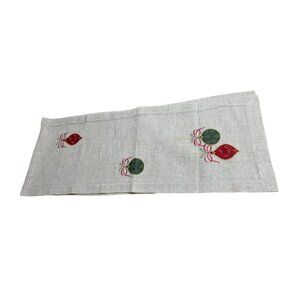 Vintage Christmas Linen Table Runner Embroidered Ornaments Beige Red Green